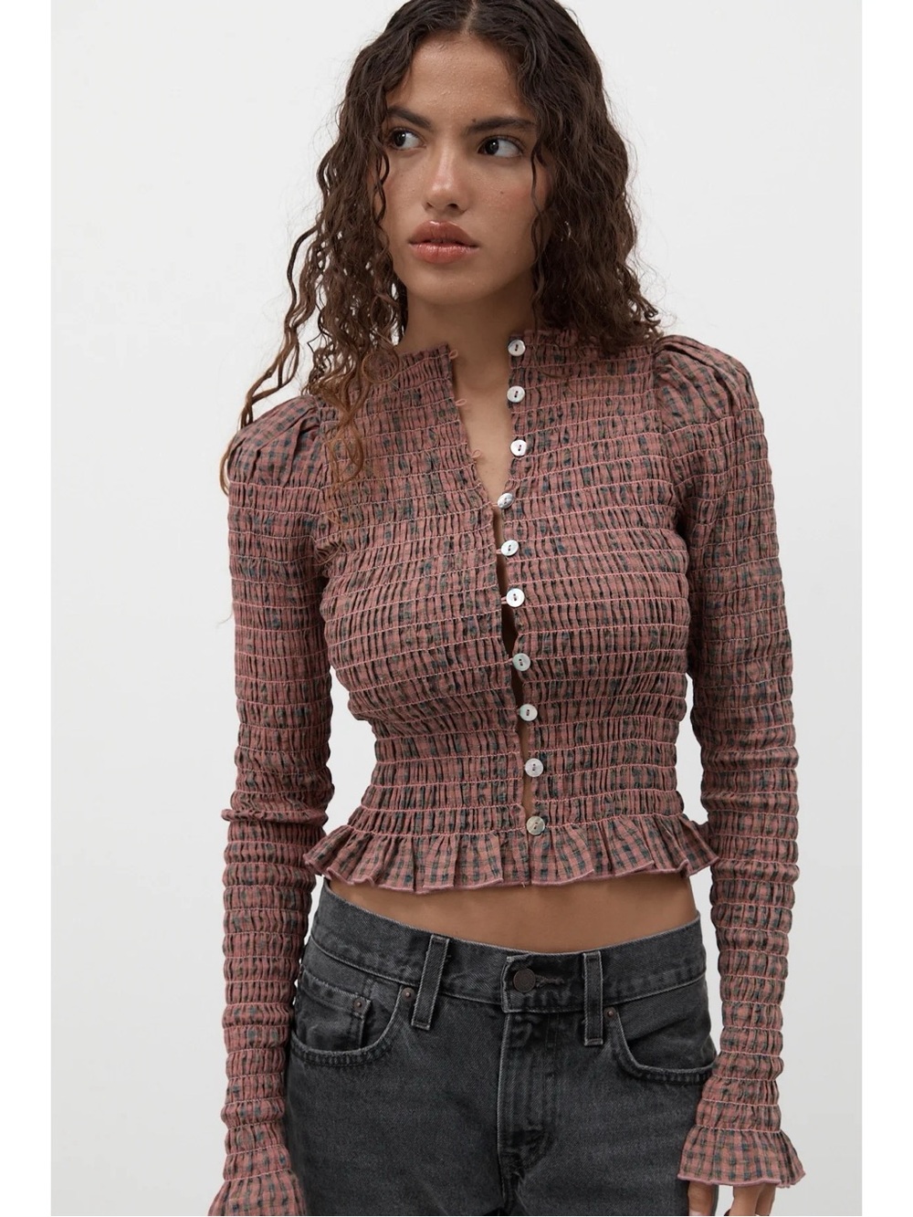Après Studio Blossom Gingham Long Sleeve Top Smocked Plaid Neutral Multicolor
